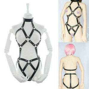 Womens Sexy Leather Body Harness Restraint Fetish Fantasy Bondage Belt Collar Toys Bdsm Sex Set