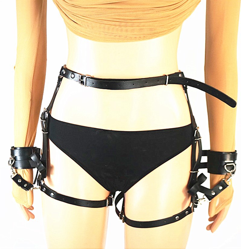 Bdsm Womens Body Harness With Handcuffs Leather Leg Garter Belt Lingerie Bondage Gear Suspender - 12
