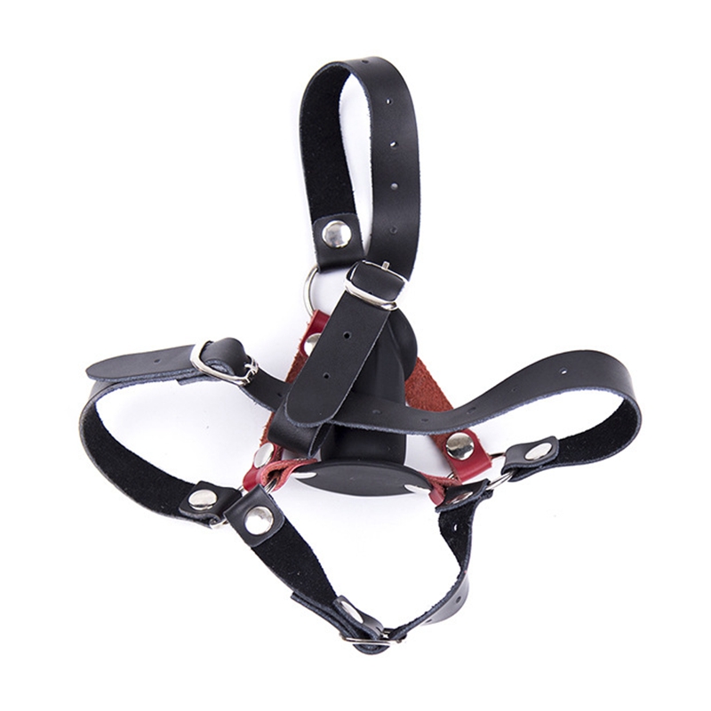 Genuine Leather Bdsm Bondage Harness Silicone Dildo Shaped Ball Gag Open Mouth Headgear Erotic Slave Strap Toy - 5