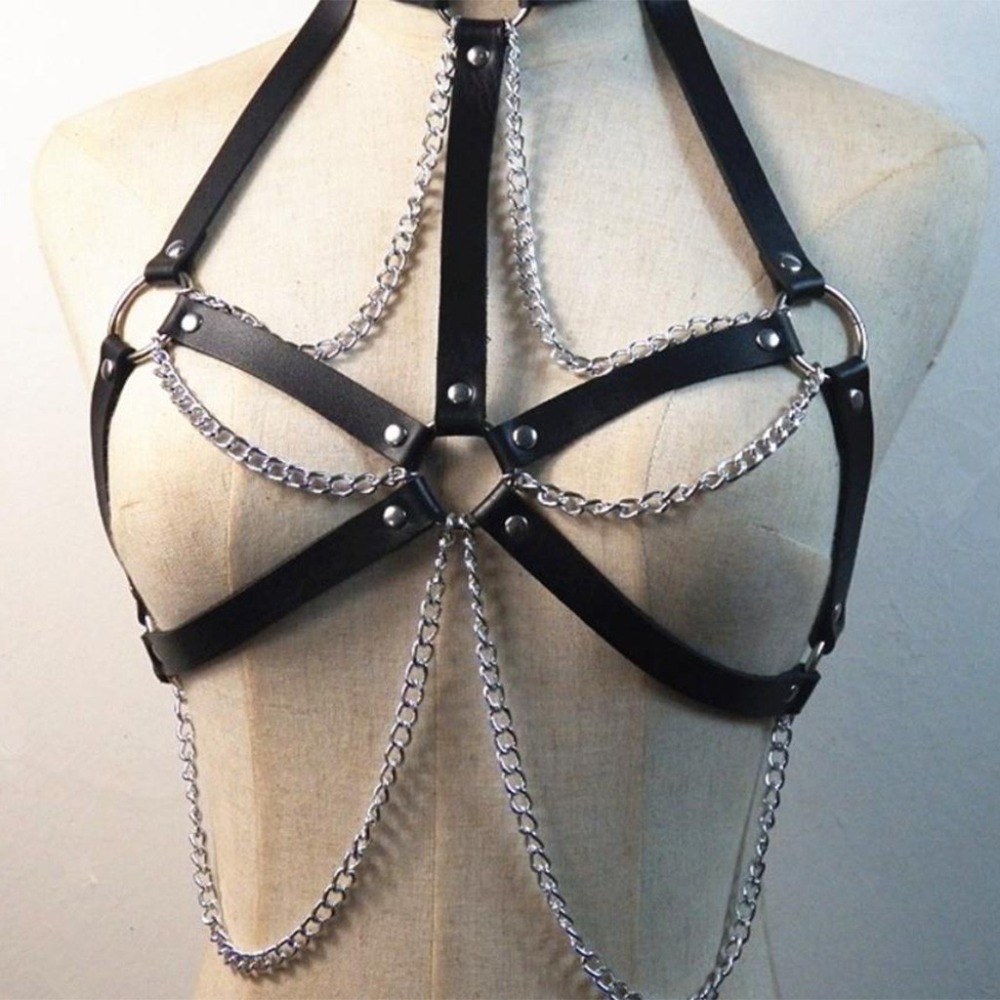 Womens Sexy Open Bust Leather Lingerie Bdsm Bondage Body Harness Chain Breast String Bra Restraints Strap - 3
