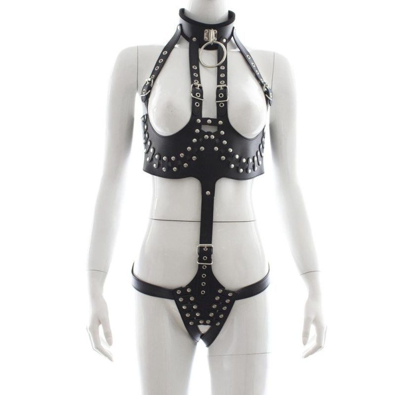 Sexy Bondage Pu Leather Hot Erotic Breasts Siamese Costume Queen Fetish Open Crotch Breast Exposed Women Show Clothing