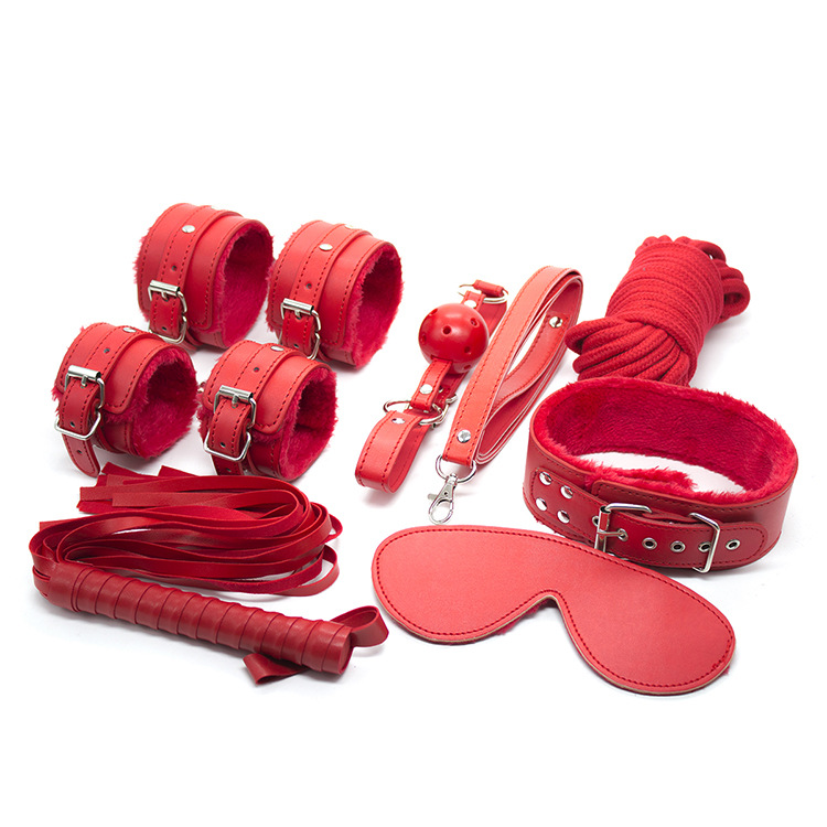 Deluxe 7piece Bdsm Adult Toy Set Leather Plush Handcuffs Foot Cuffs Mouth Gag Whip For Couples - 1