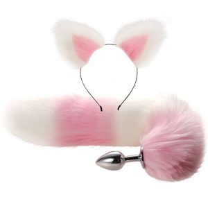 2pcs Set Fluffy Faux Fur Tail Metal Butt Plug Cute Cat Ears Headband For Role Play Party Costume Prop Adult Sex Toys - 2