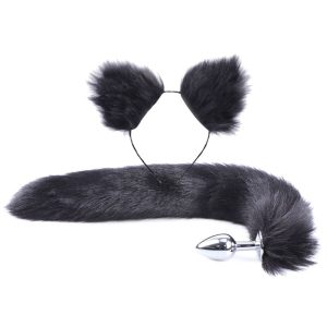 2pcs Set Fluffy Faux Fur Tail Metal Butt Plug Cute Cat Ears Headband For Role Play Party Costume Prop Adult Sex Toys