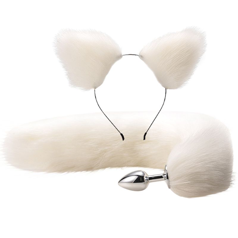 2pcs Luxury Adult Roleplay Set Faux Fur Tail Metal Butt Plug Adorable Cat Ears Headband - 14