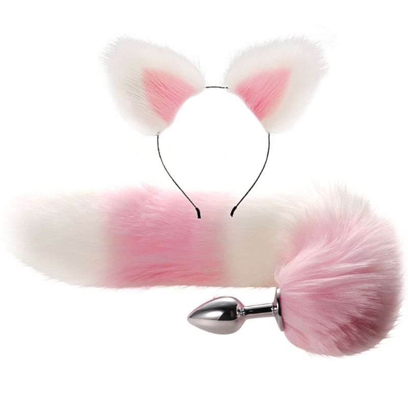 2pcs Luxury Adult Roleplay Set Faux Fur Tail Metal Butt Plug Adorable Cat Ears Headband - 13