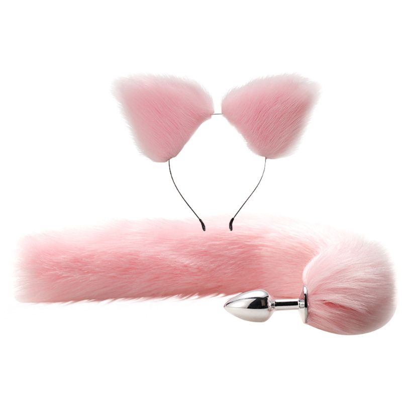 2pcs Luxury Adult Roleplay Set Faux Fur Tail Metal Butt Plug Adorable Cat Ears Headband - 12