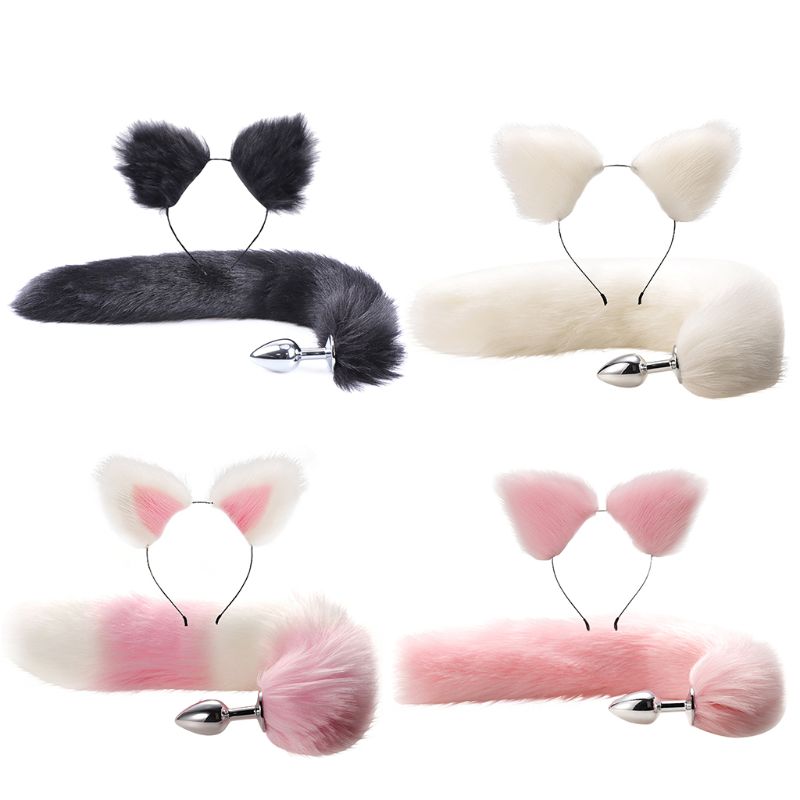 2pcs Luxury Adult Roleplay Set Faux Fur Tail Metal Butt Plug Adorable Cat Ears Headband - 1