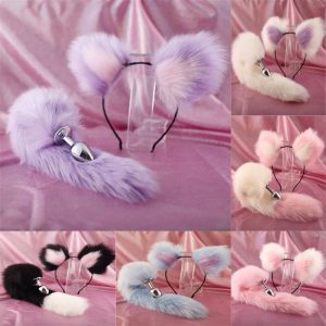 Cute Soft Cat Ears Fox Tail Anal Bow Metal Butt Plug Erotic Cosplay Accessories Adult Sex Toys For Couples