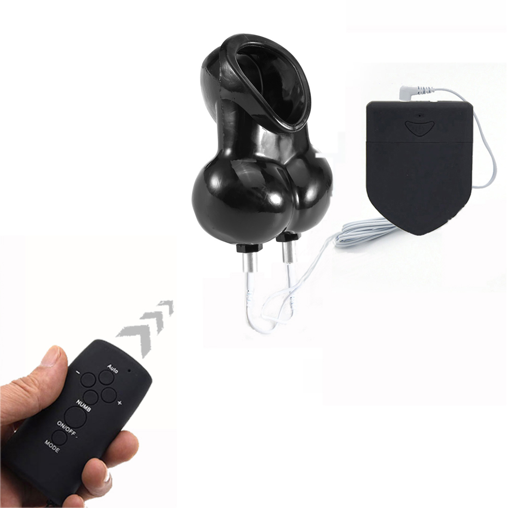 Male Masturbation Electro Shock Ball Stretcher Scrotum Ring Wireless Remote Control Chastity Cage Cock Rings Sex Toys - 2