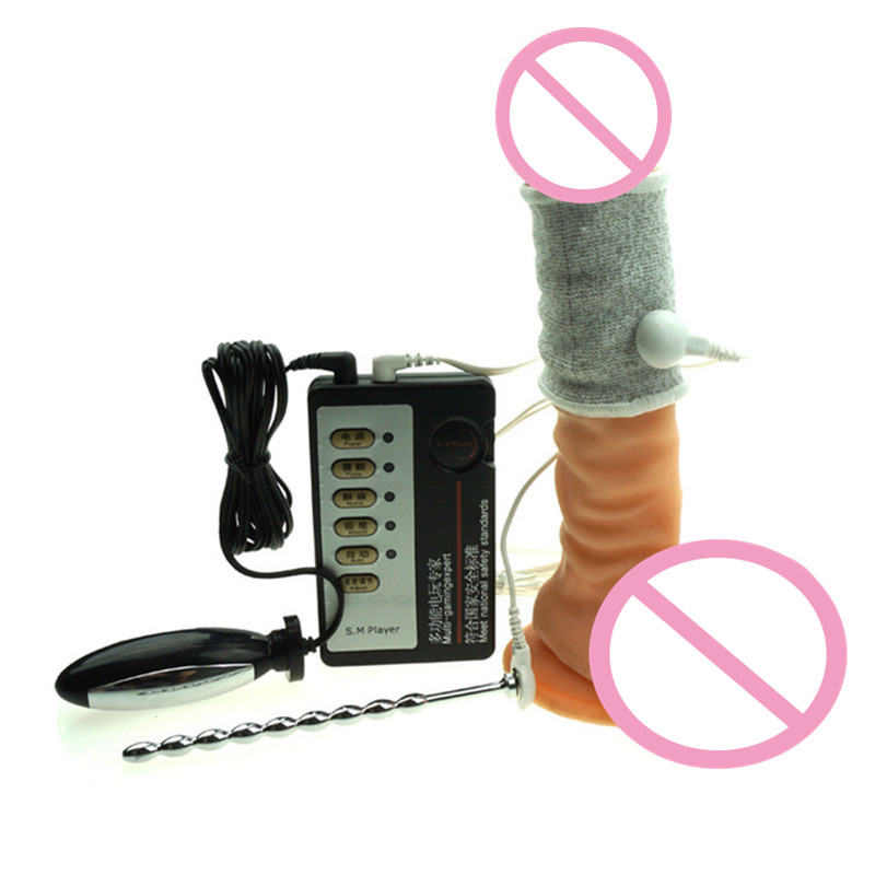 Mens Electric Shock Urethral Plug With Penis Sleeve Stainless Steel Medical Themed Delay Ejaculation Orgasm Enhancer Toy I9144 - 3