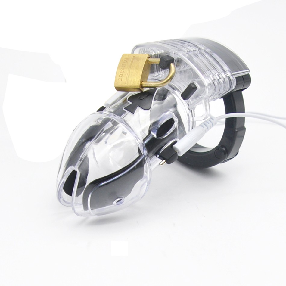 Adult Pleasure Game Electrostimulation Transparent Penis Cage With Electric Shock Host And Connection Cable - 2