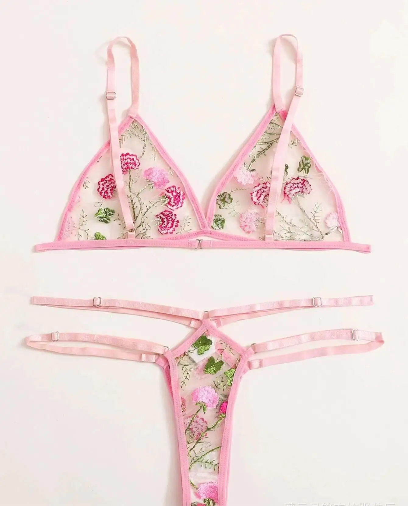 Womens Sensual Floral Embroidered Transparent Mesh Lingerie Set With Underwire - 9